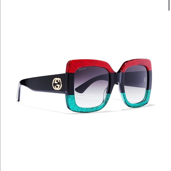 GUCCI Oversized square-frame glittered color-block acetate sunglasses